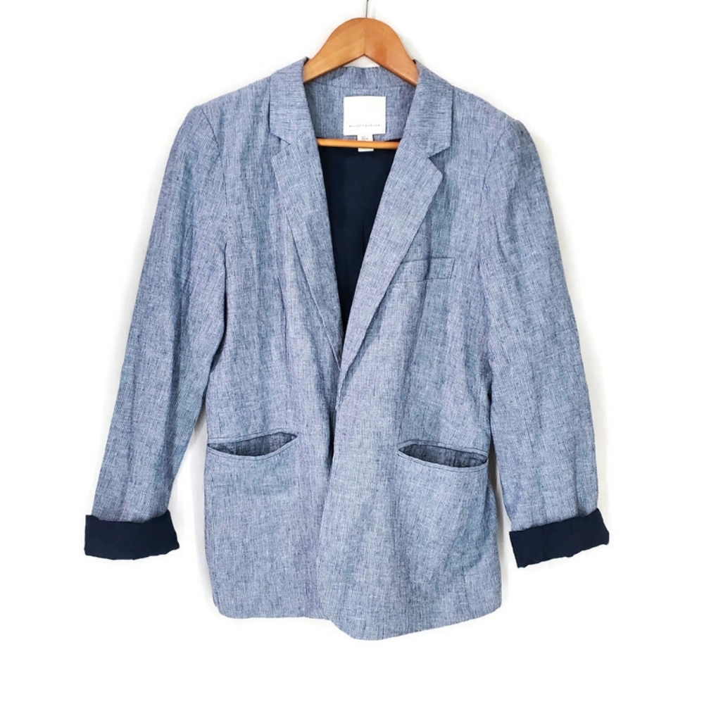 Women's Linen Blazer Blue and White Striped  Open Front Seersucker Beachy SZ L